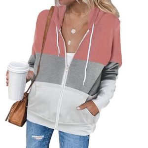 PINK GRAY WHITE ZIP CLOSE COLOR BLOCK DRAWSTRING HOODIE SIZE 2XL (18-20)